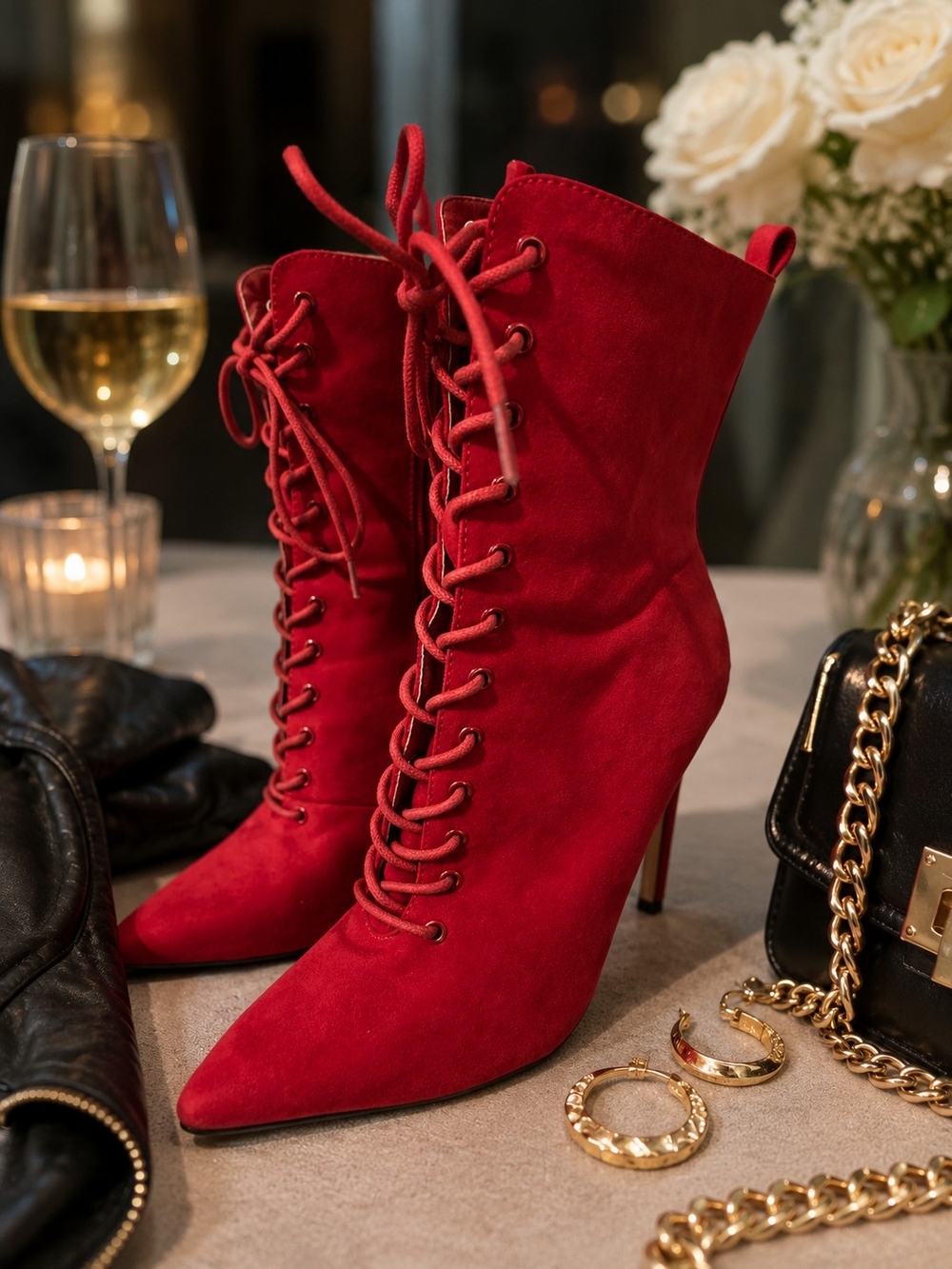 Red Lace-Up Suede Stiletto Booties - Women